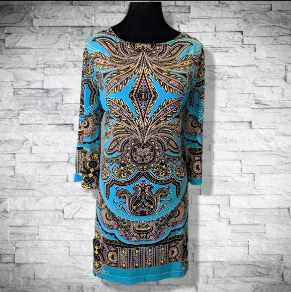 Teal Turquoise Stretch Mini Dress 3/4 Sleeves Boat Neck Flattering Fit D10 - Picture 8 of 11